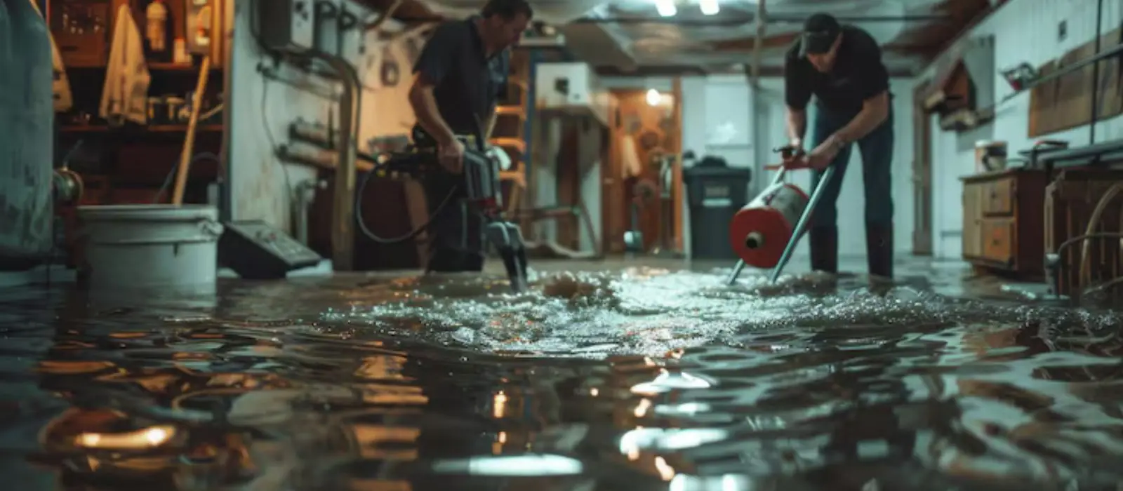 Two workers removing standing water from a flooded basement with a pump