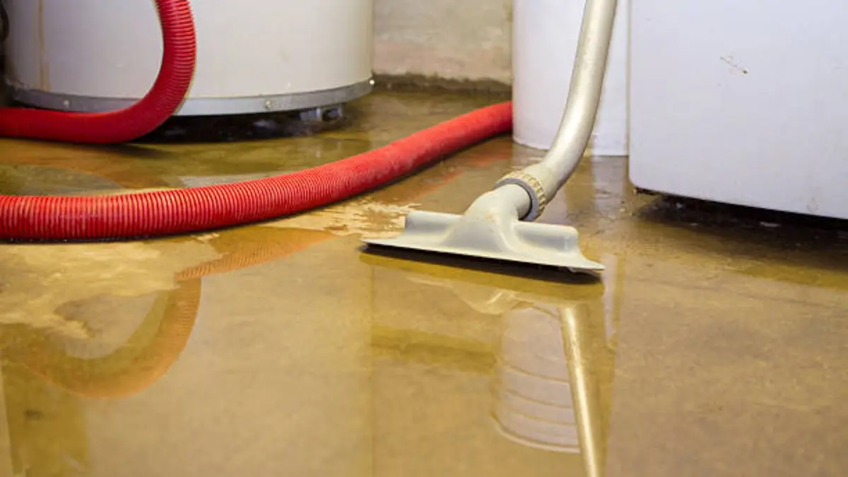 Wet vacuum with a red hose removing water from a floor