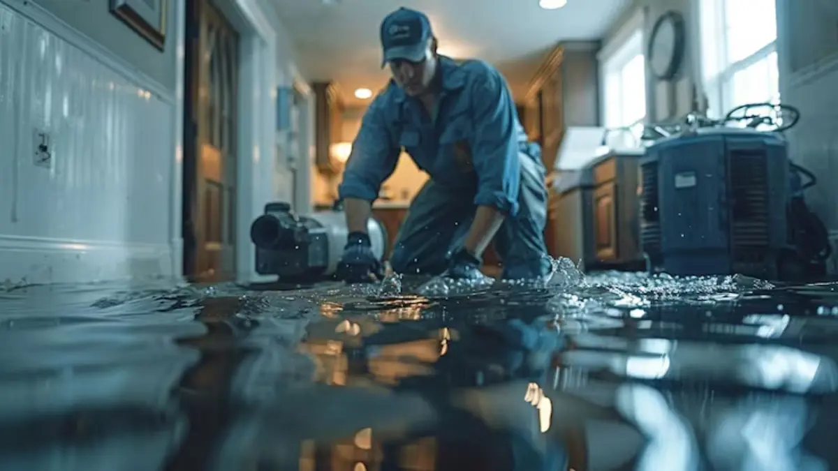 Technician kneeling in shallow water with a pump in a flooded room