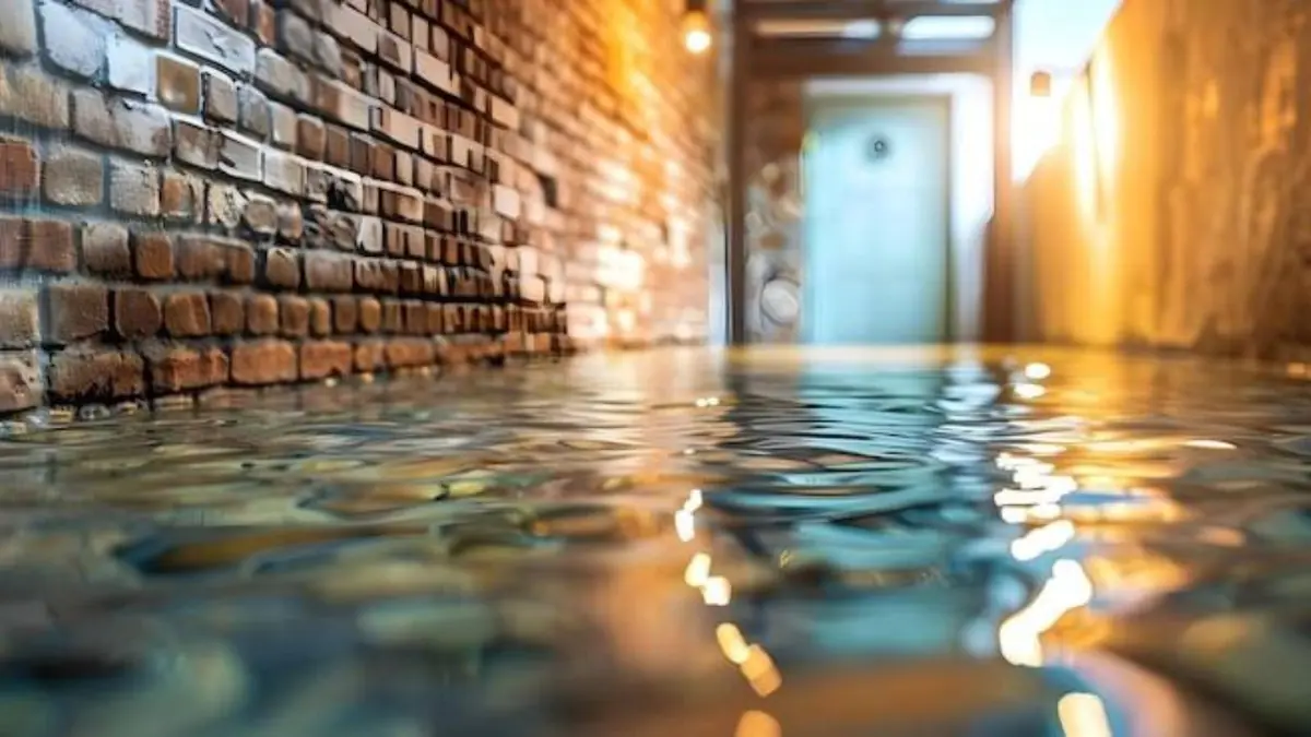 Flooded room with a brick wall and a teal door