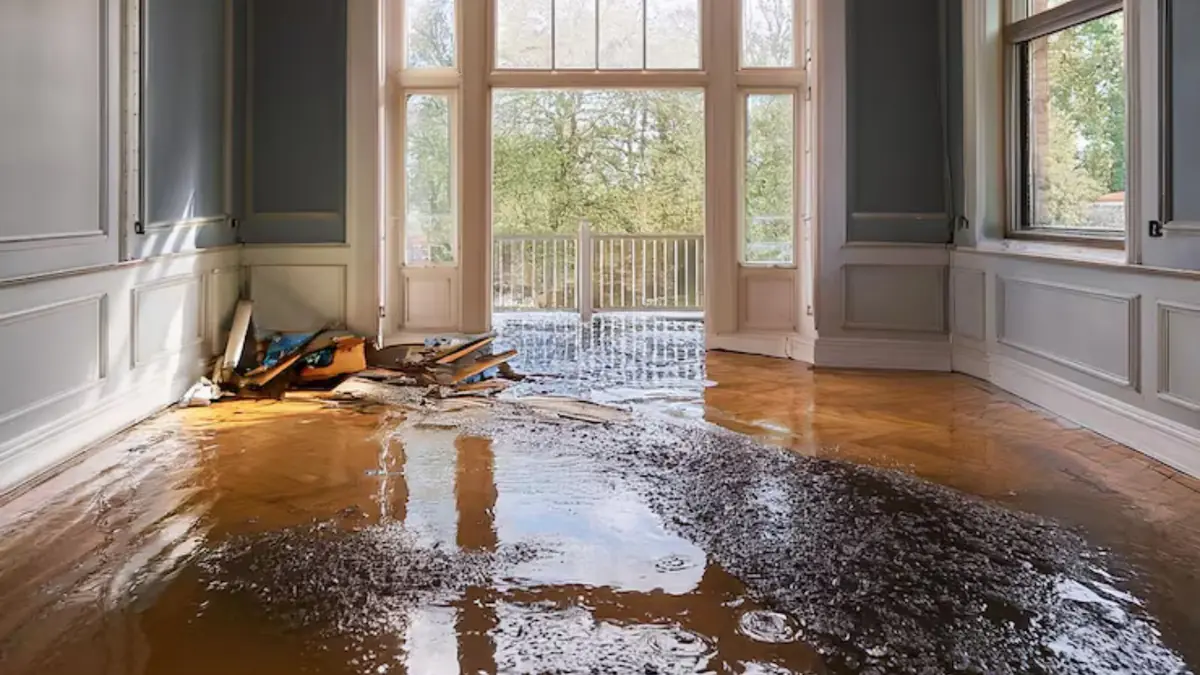 Water-damaged hardwood floor in a bright room