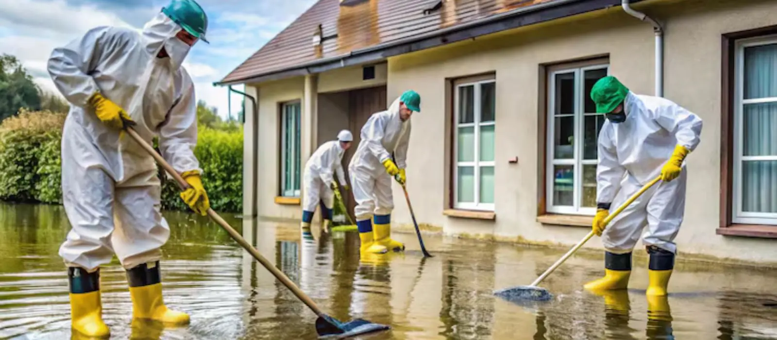 Crew in protective suits and yellow boots cleaning a flooded yard in front of a house