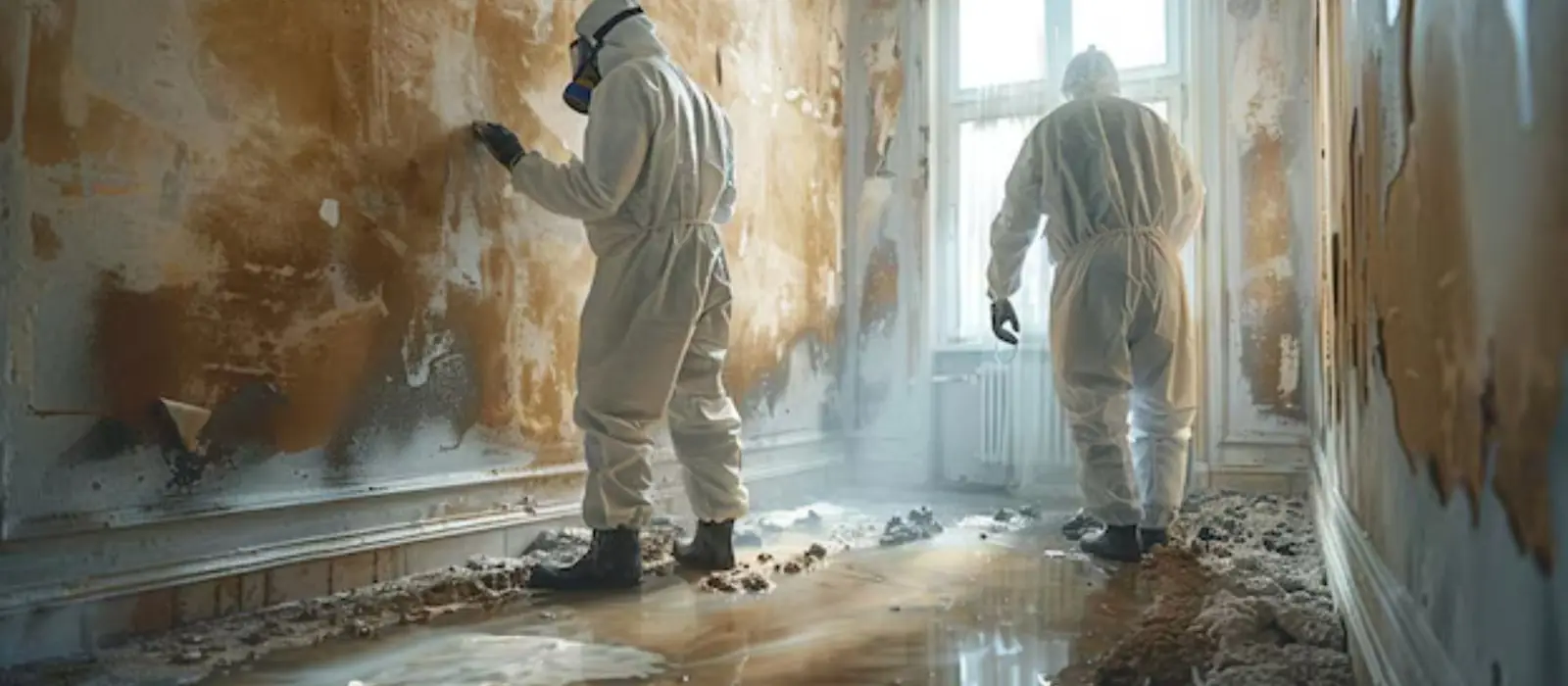 Worker in protective gear inspecting stained, damaged walls in a damp room