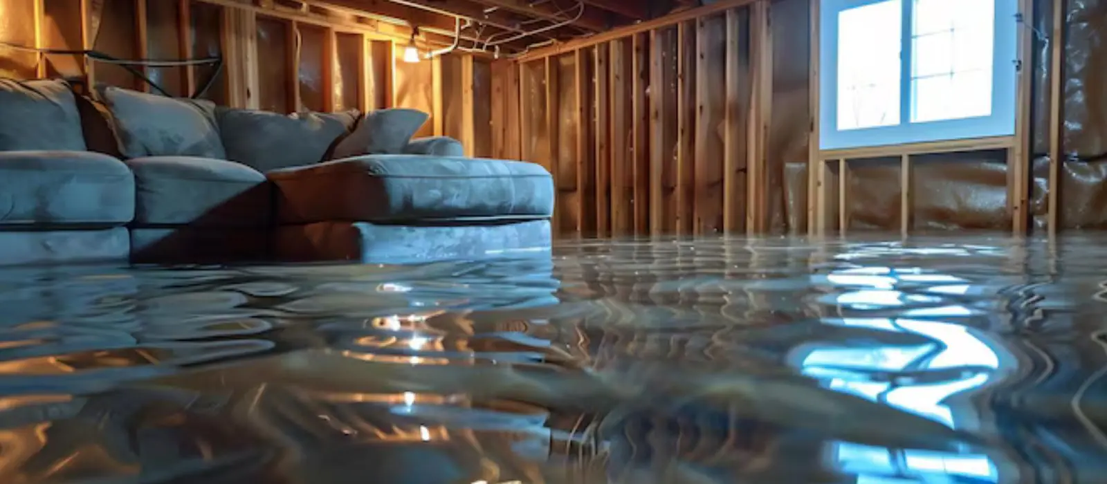 Flooded basement with exposed wall framing and a couch sitting in standing water