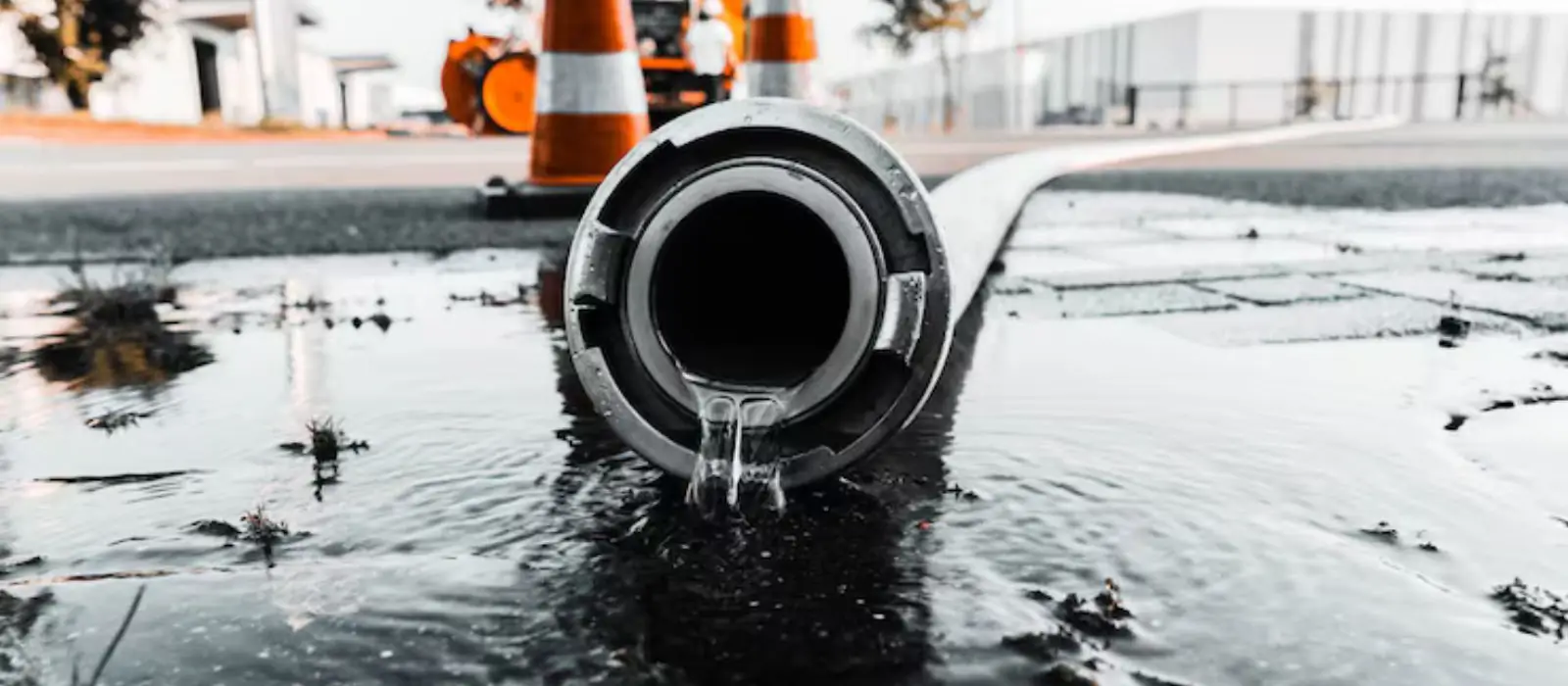 Large drain pipe discharging runoff onto a wet street with traffic cones behind it