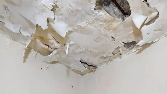 Peeling ceiling paint with brown moisture stains in a corner