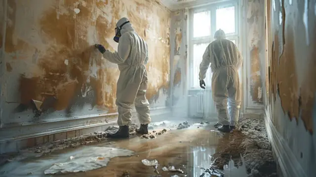 Worker in protective gear inspecting stained, damaged walls in a damp room