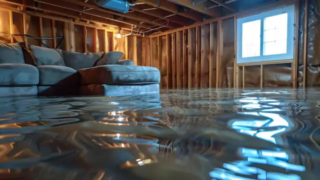 Flooded basement with exposed wall framing and a couch sitting in standing water