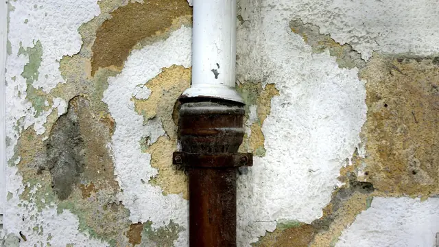 Stained and flaking wall plaster around a pipe